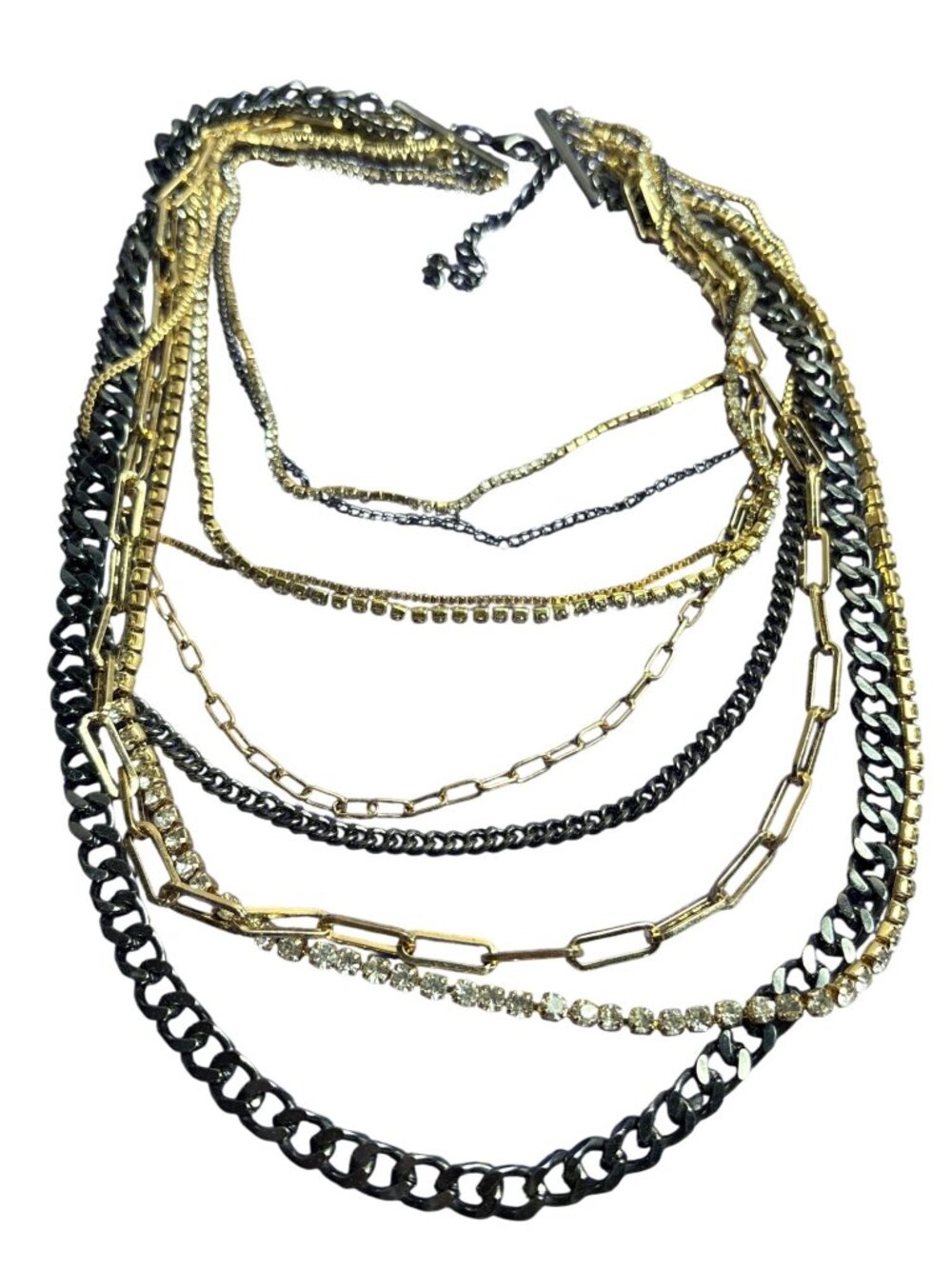 Goldtone Gunmetal Clear Rhinestone Multi Strand Chain Necklace